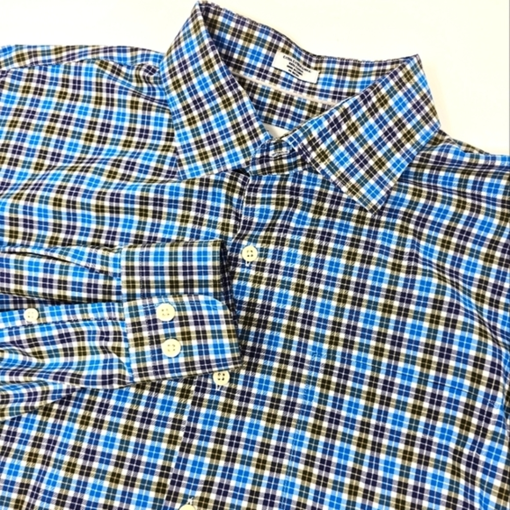 Peter Millar Shirt Men's 2XL Blue Black Plaid Button Down Long Sleeve WH1913 Hit